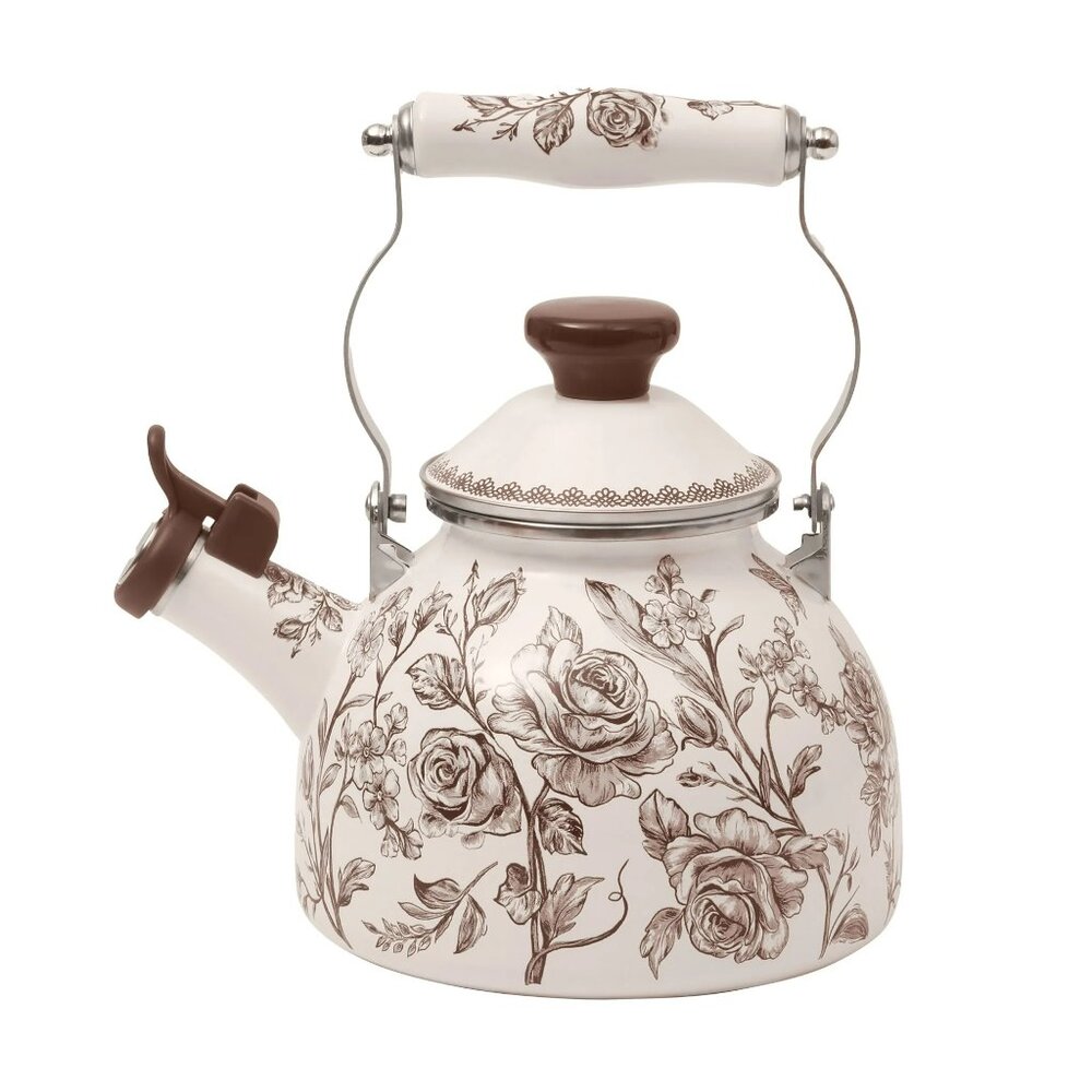 Pioneer Woman Agatha Enamel on Steel 1.8 Qt Whistling Tea Kettle Floral Brown